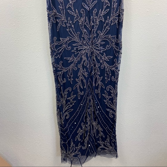 Pisarro Nights Beaded Mesh Column Gown SZ 4 Navy D2451 3/4 sleeve - Picture 9 of 13